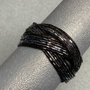 Braided Wrap Cuff Bracelet Boho Iridescent Black Tube Bead Chunky  W/ Silvertone